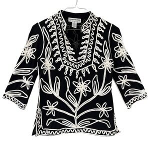 Lauren Michelle‎ Black White Embroidered Tunic Top Women's Size S Passementerie